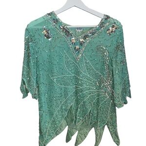 Vintage 90s Beaded Sequin Seagreen Fairycore Asymmetrical Hem Formal blouse